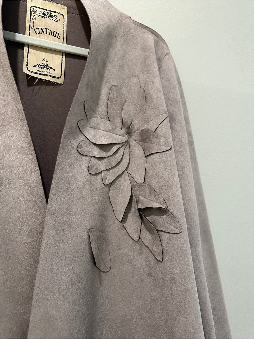 Taupe Faux Suede Floral Appliqué Duster Jacket - Picture 2 of 6